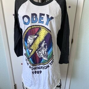 Obey Black and White Raglan with Colorful Graphic